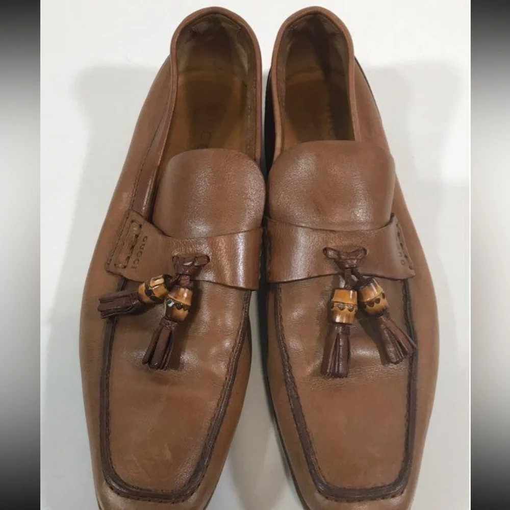 Men’s Gucci Dark Tan Leather Tassel Slip On Loafers Size 8.5D